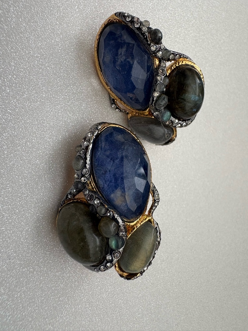 Alexis Bittar Vintage Navy Blue and Gray Multi-Stone Statement Clasp Earrings